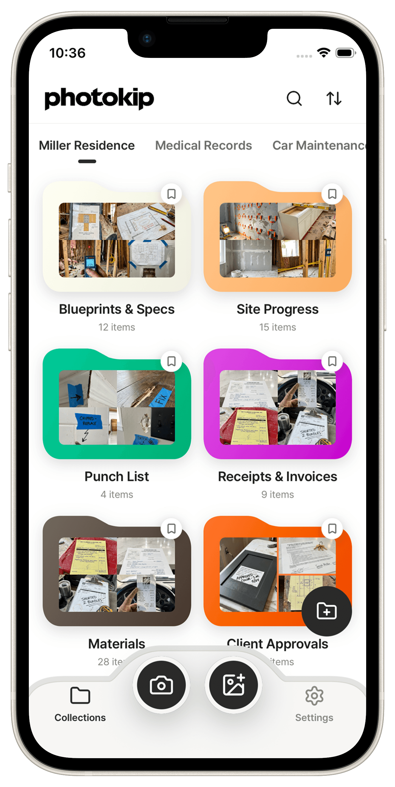 PhotoKip in-app camera screen in an iPhone mockup