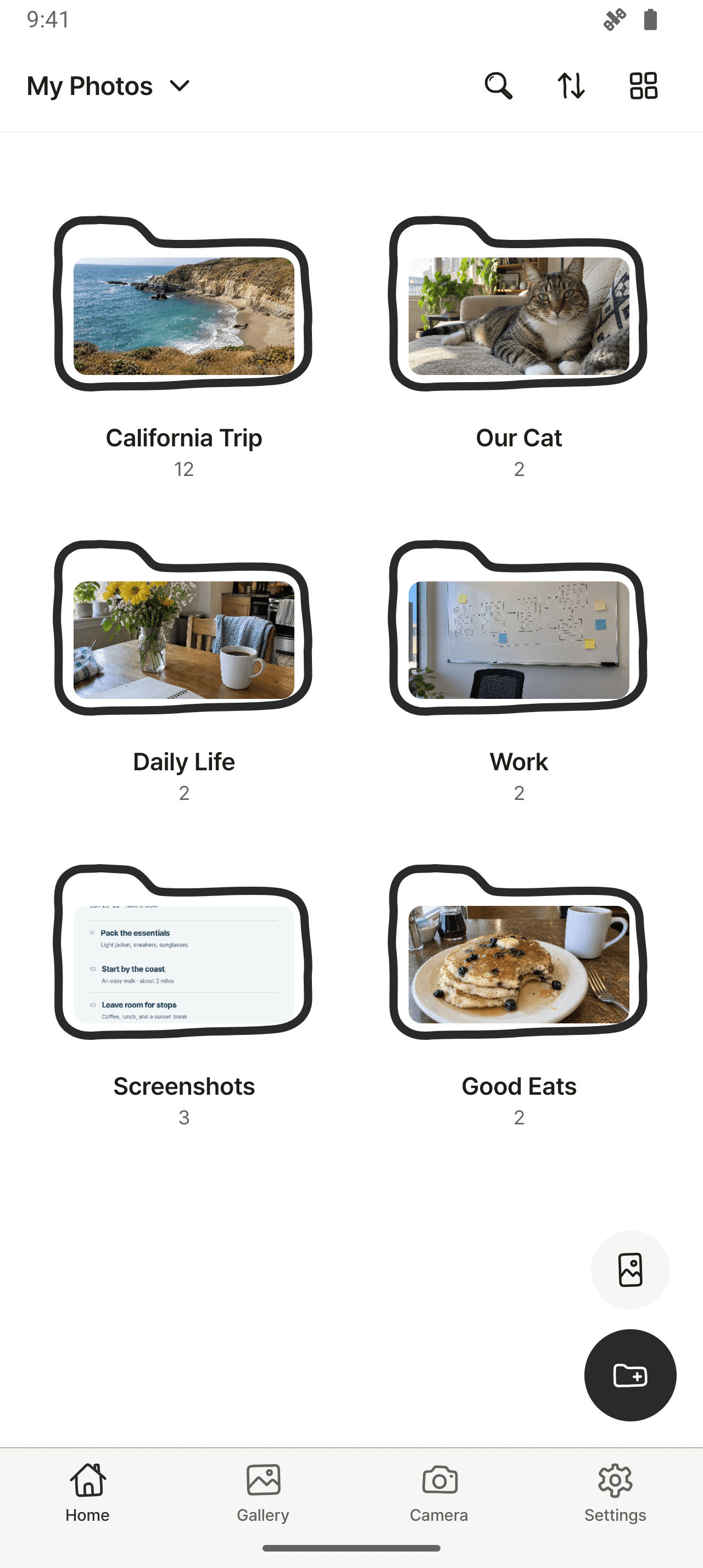PhotoKip collections with travel, cats, daily moments and screenshots