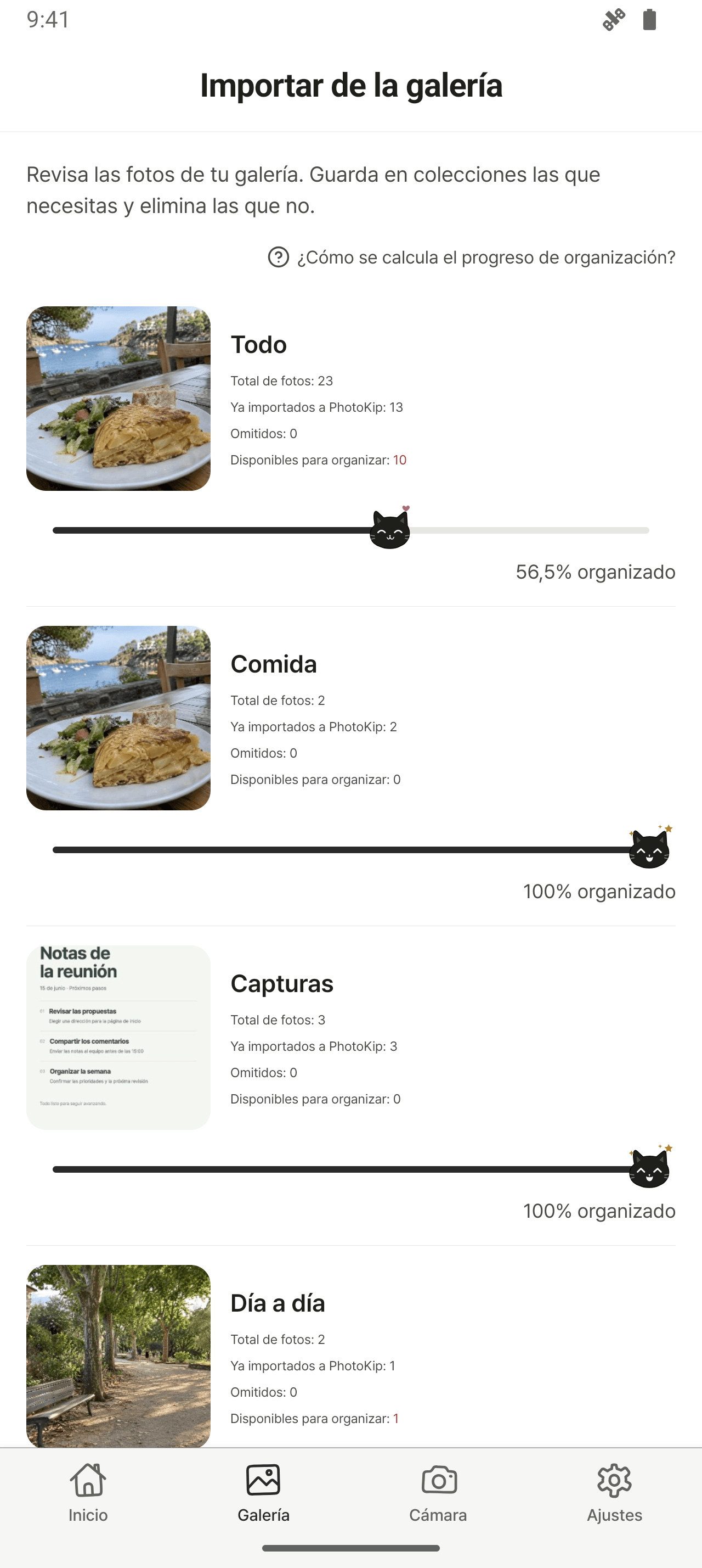 Álbumes de la galería con el número de fotos y el progreso de organización