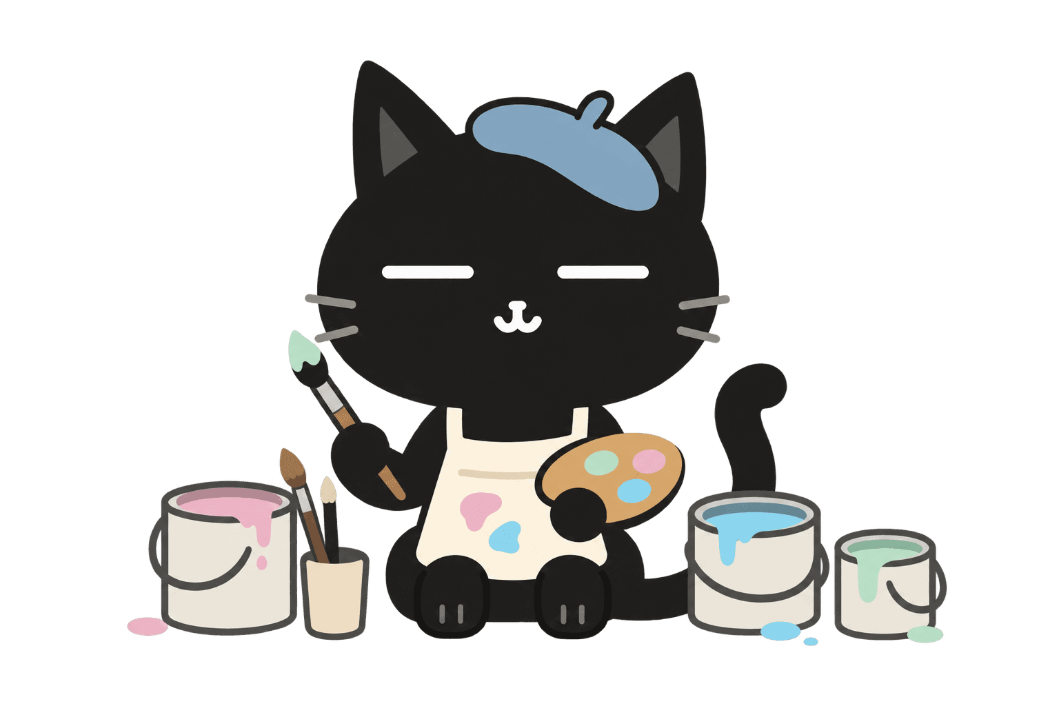 Kippy dressed as a painter, holding a brush and palette beside pastel paint cans