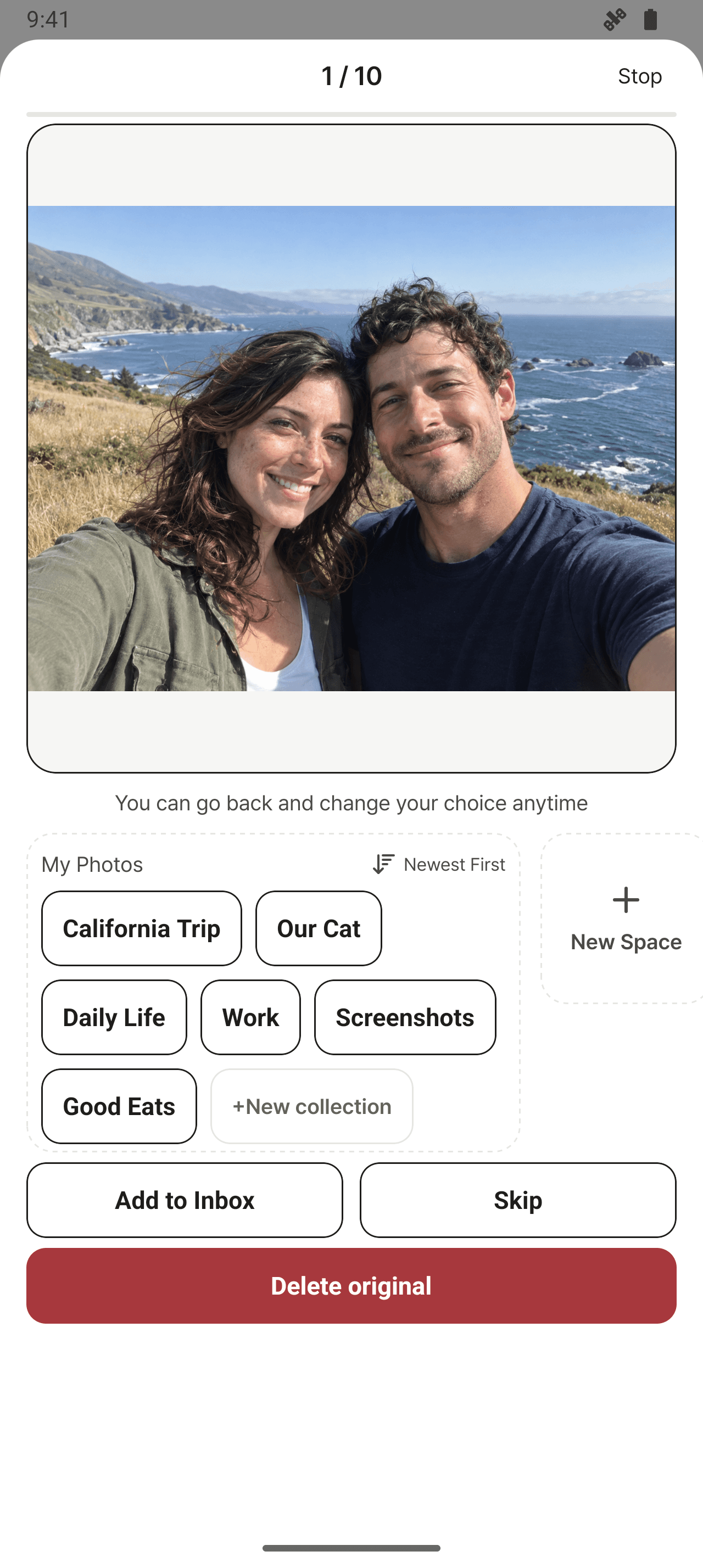 Gallery review with collection, Inbox, skip and original deletion choices