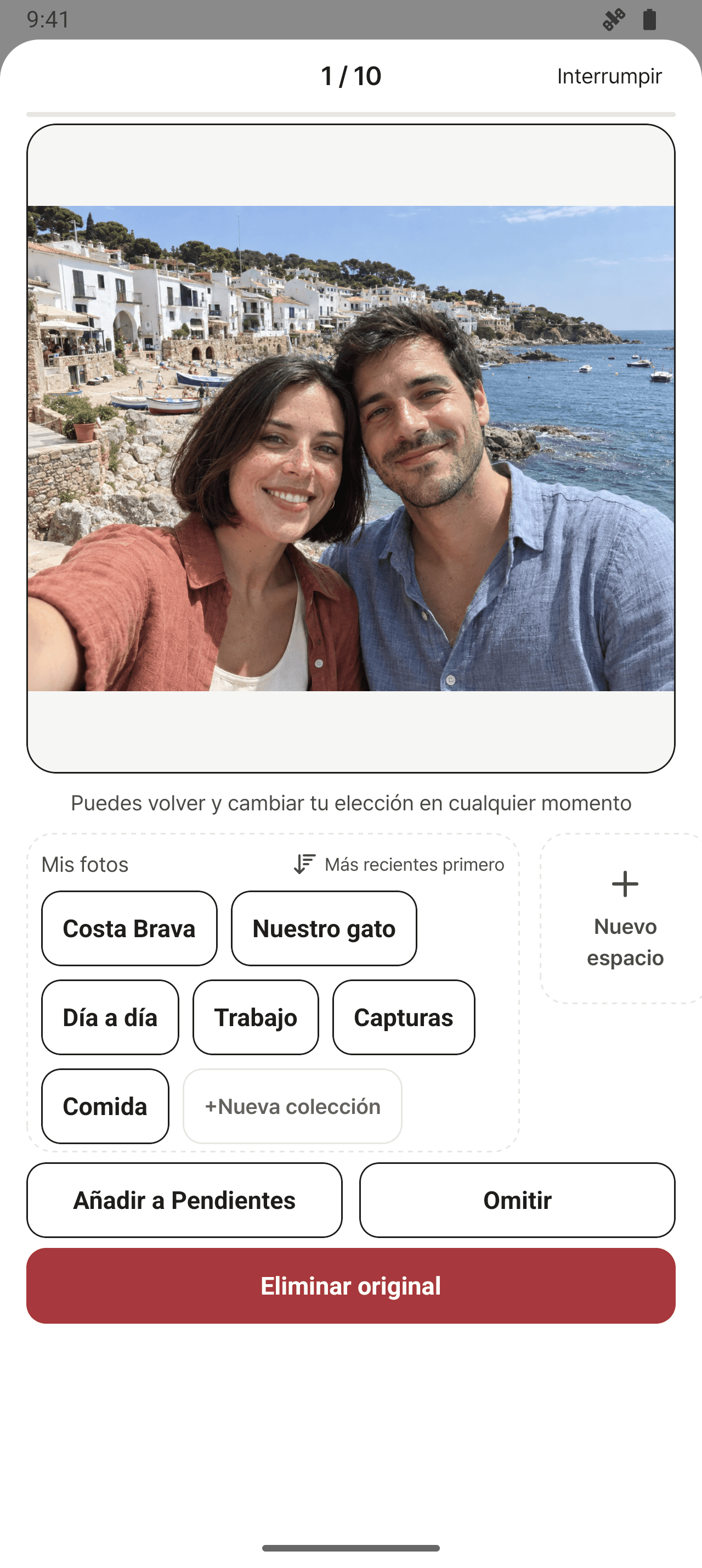 Revisión de galería con opciones de colección, bandeja de entrada, omitir y eliminar original